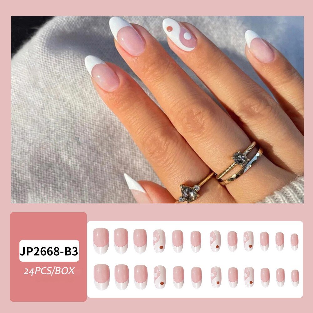 Agreedl Pink White Wavy Lines French False Nails With Glue Ballet Detachable Full Cover Acrylic Press On Nails Fake Tips Tool