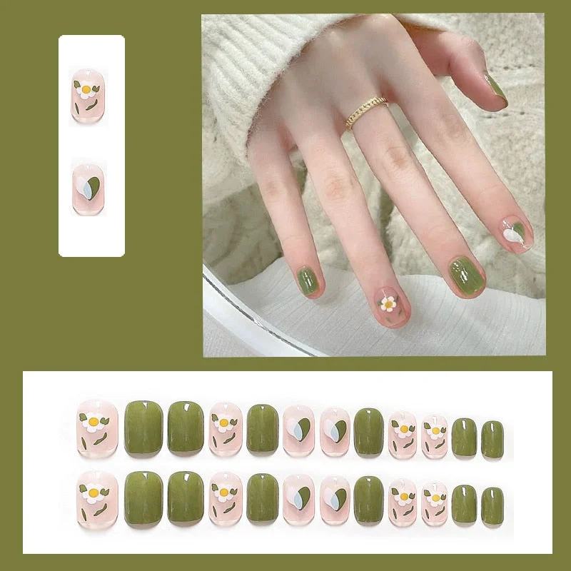 false nails short Green Solid Color with Gold Foil and Shell 3D Decoration Fake Nails Cute Bride Fake Nails Full Nail Tips-Nail Inspo