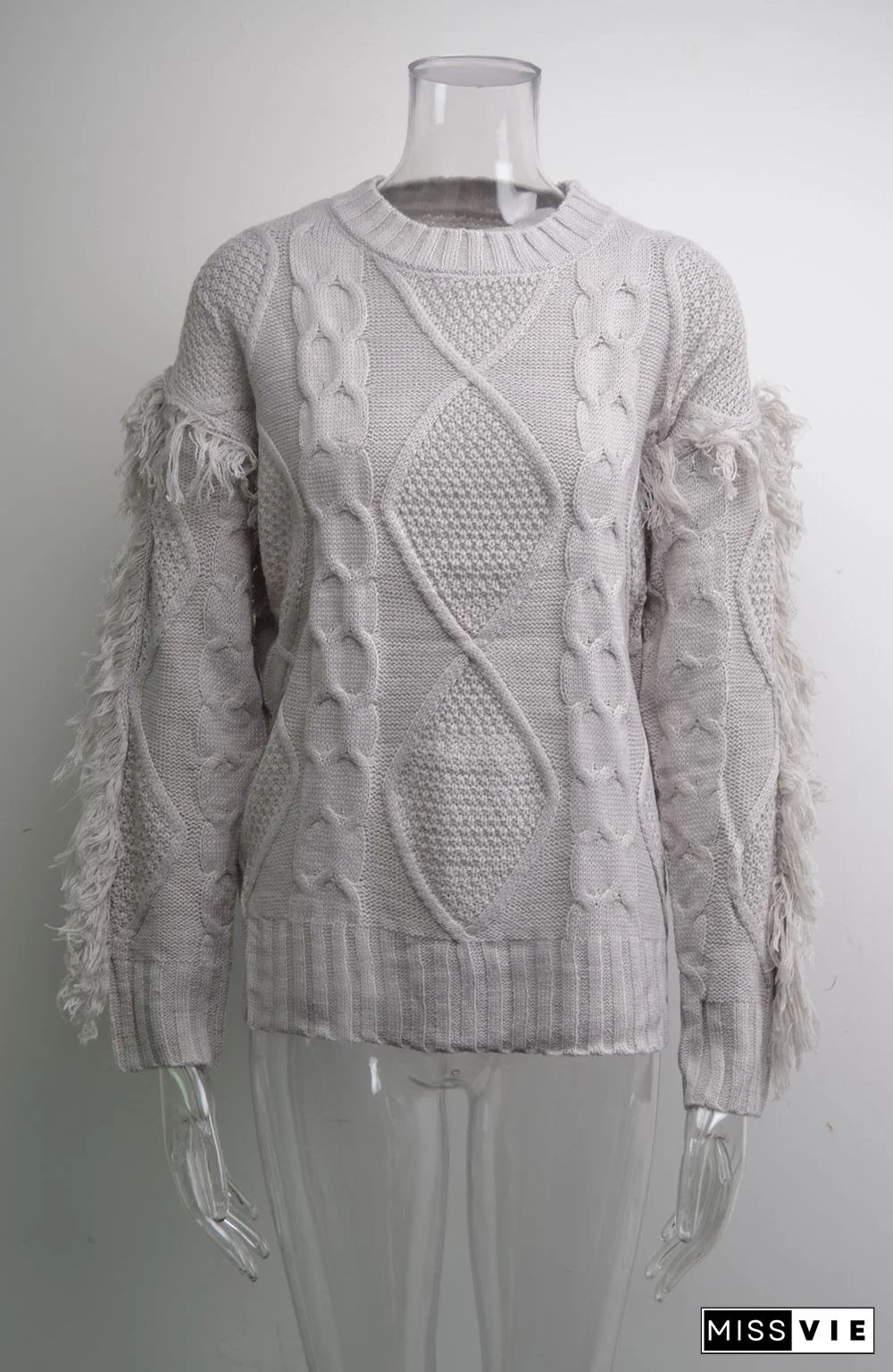 Round Neck Long Sleeve Cable Knit Design Sweater