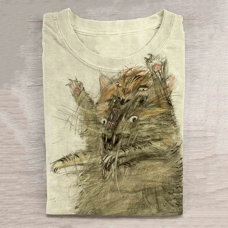 Cute Cat Print Round Neck Long Sleeve Casual T-Shirt