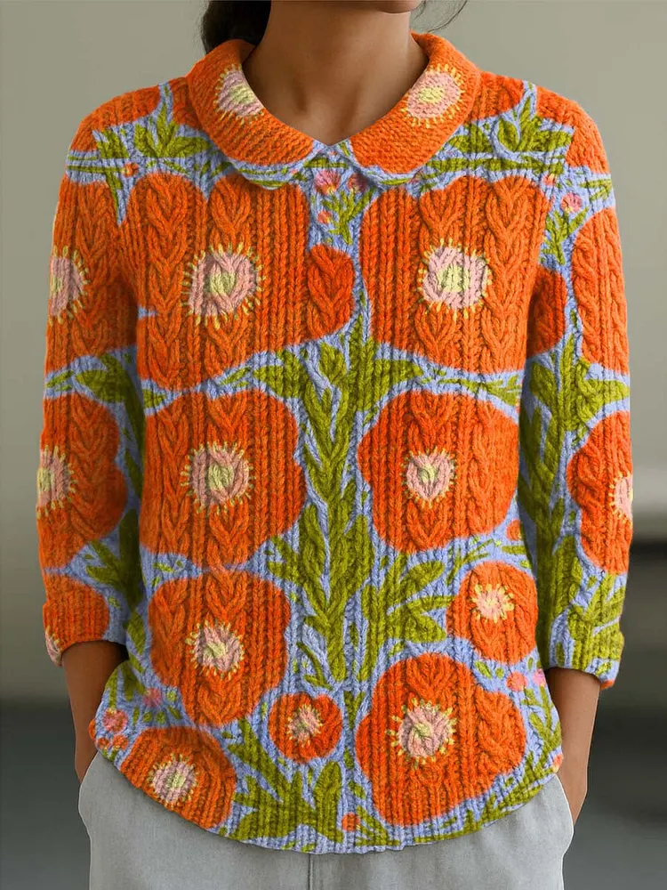 Women's Vintage Floral Art Print Casual Peter Pan Collar 3/4 Sleeve Sweater
