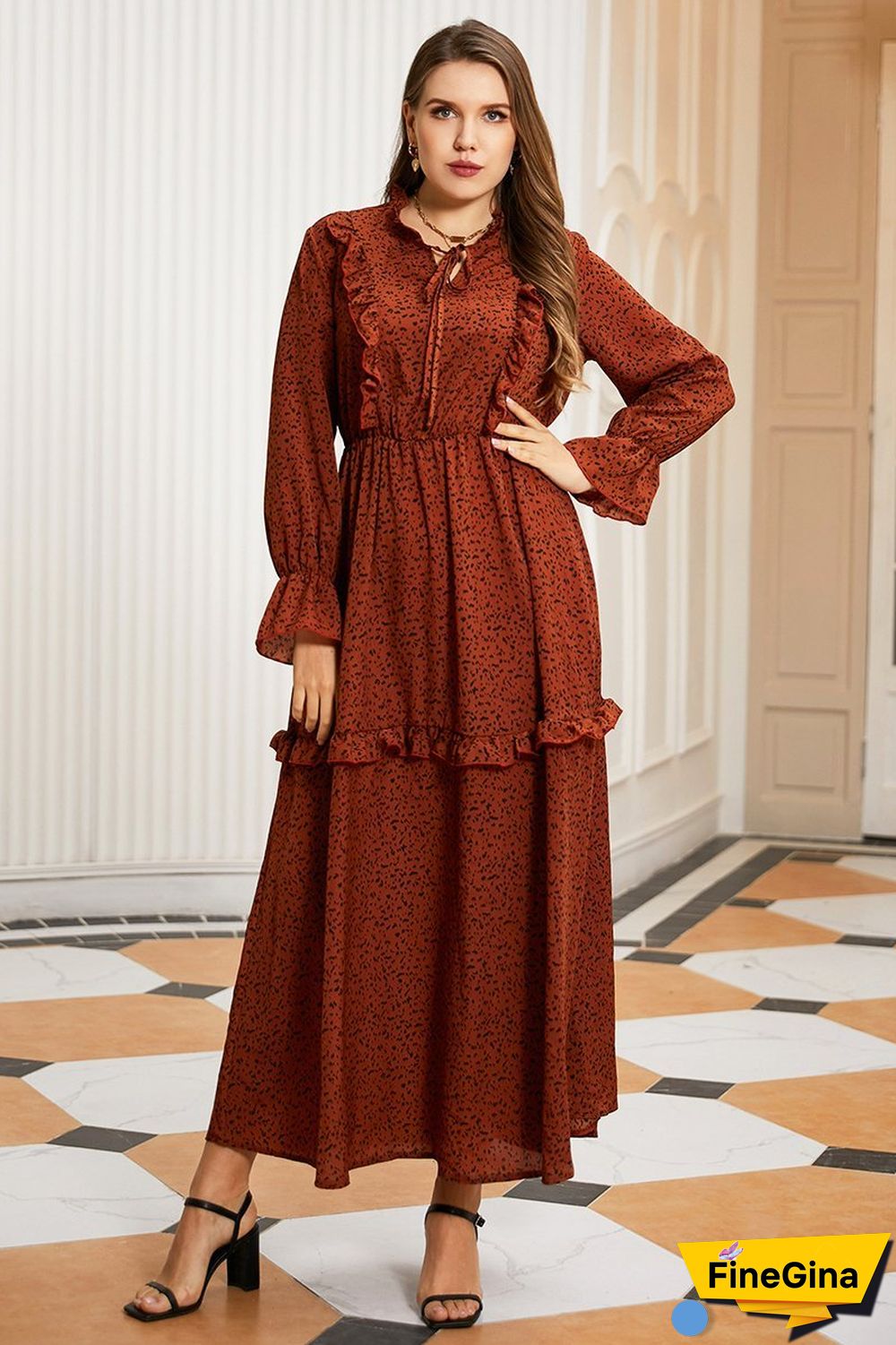 Burgundy Tie-neck Ruffle-detailing Tiered Maxi Dress P10376