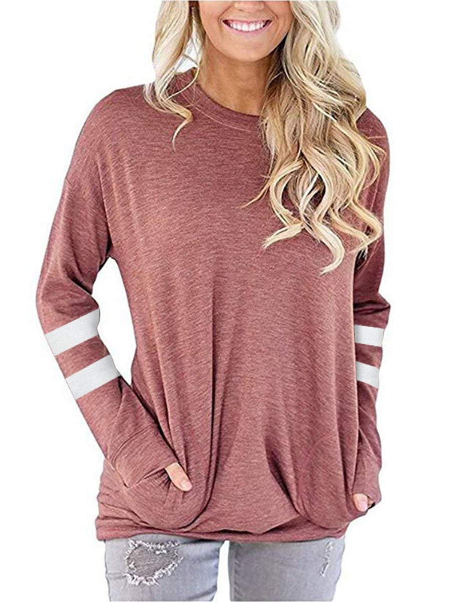 Women's Hoodies Colorblock Stripe Long Sleeve O-Neck Loose Tshirts