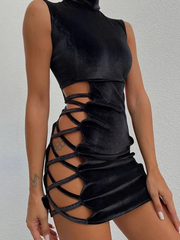 Statement Velvet Solid Color High Split Bandaged Bodycon Dress