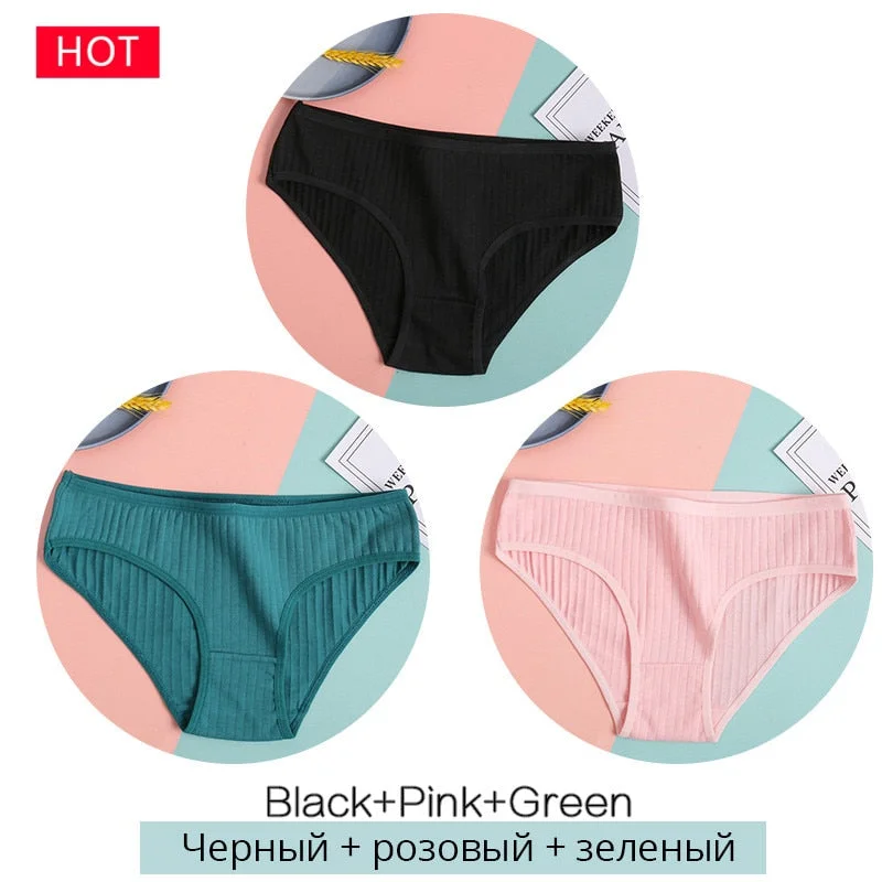 FINETOO 3PCS/Set Women's Underwear Cotton Panty Sexy Panties Female Underpants Solid Color Panty Intimates Women Lingerie M-2XL