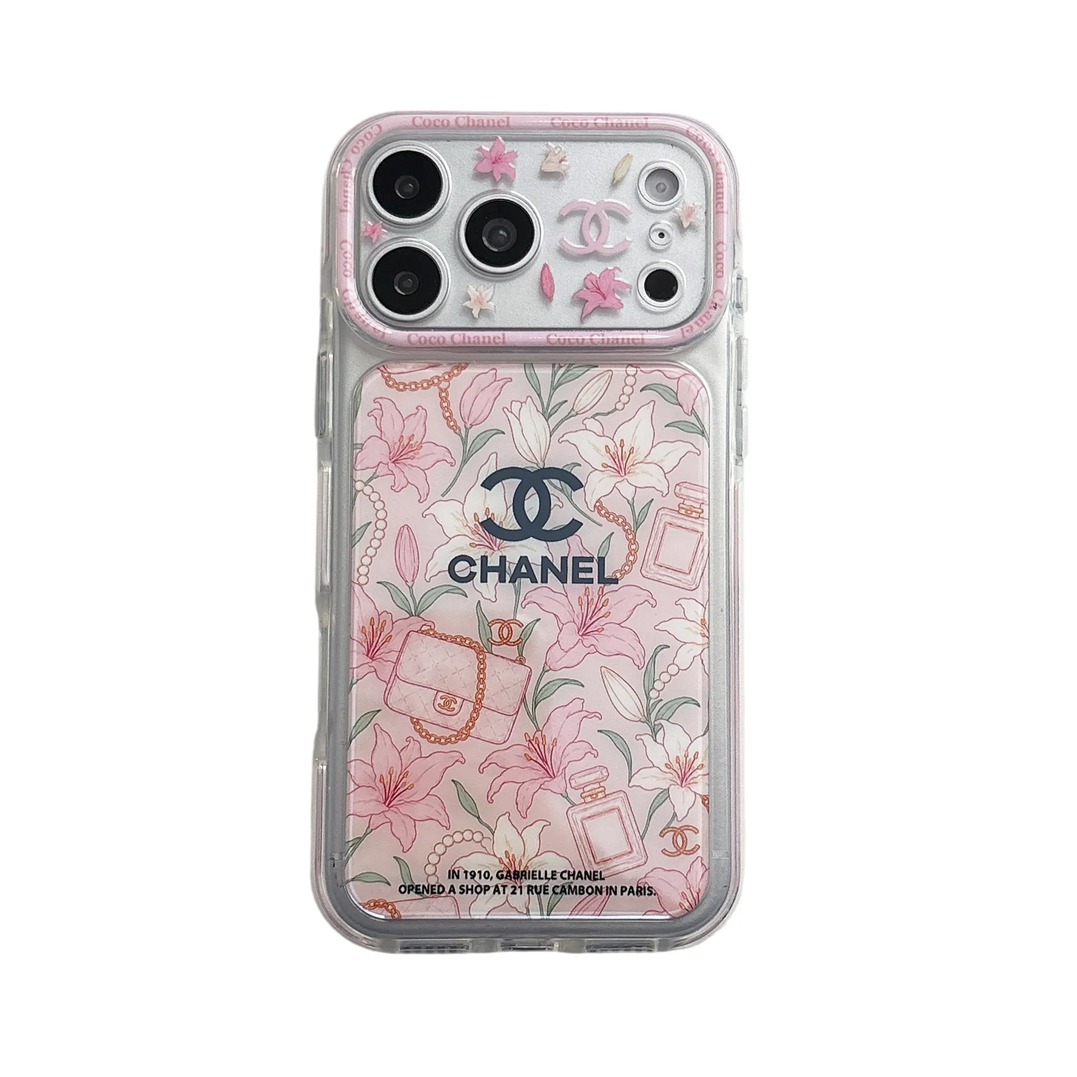 Coquette Aesthetic Chanel Pink Floral Clear Case with 3D Charms for iPhone 17/16/15 Series