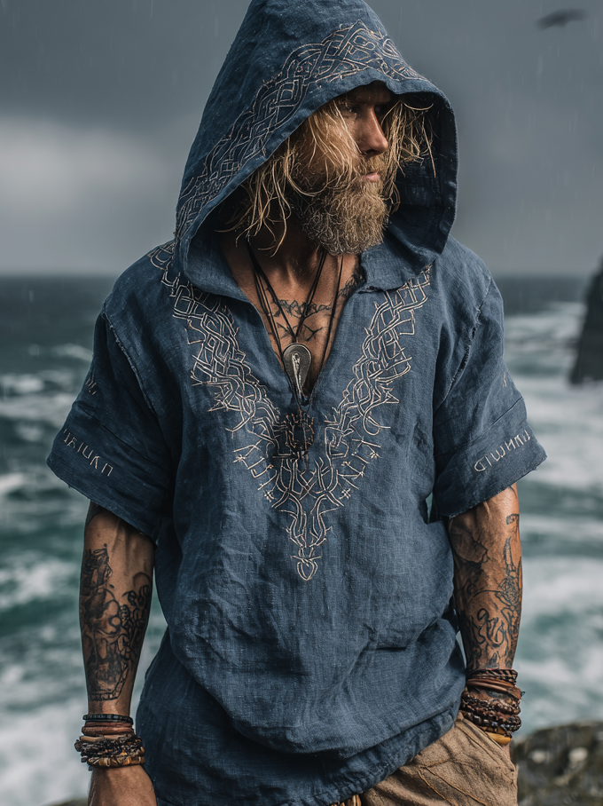 Men's Viking-Inspired Celtic Knot Short Sleeve Linen Hooded Shirt / Rvogue / Rvogue