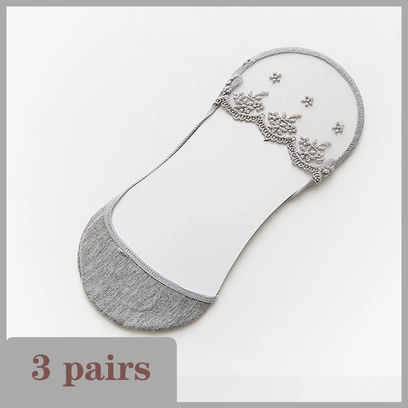 New Transparent Short Lace Socks Women Summer Hollow Out Female Soft Invisible Breathable Boat Socks Slippers 2020 3 Pairs