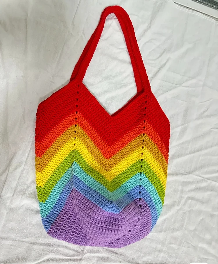 Lulusnow Handmade Rainbow Classic Stripe Casual Travel Beach Crochet Tote Bag Shoulder Bag  