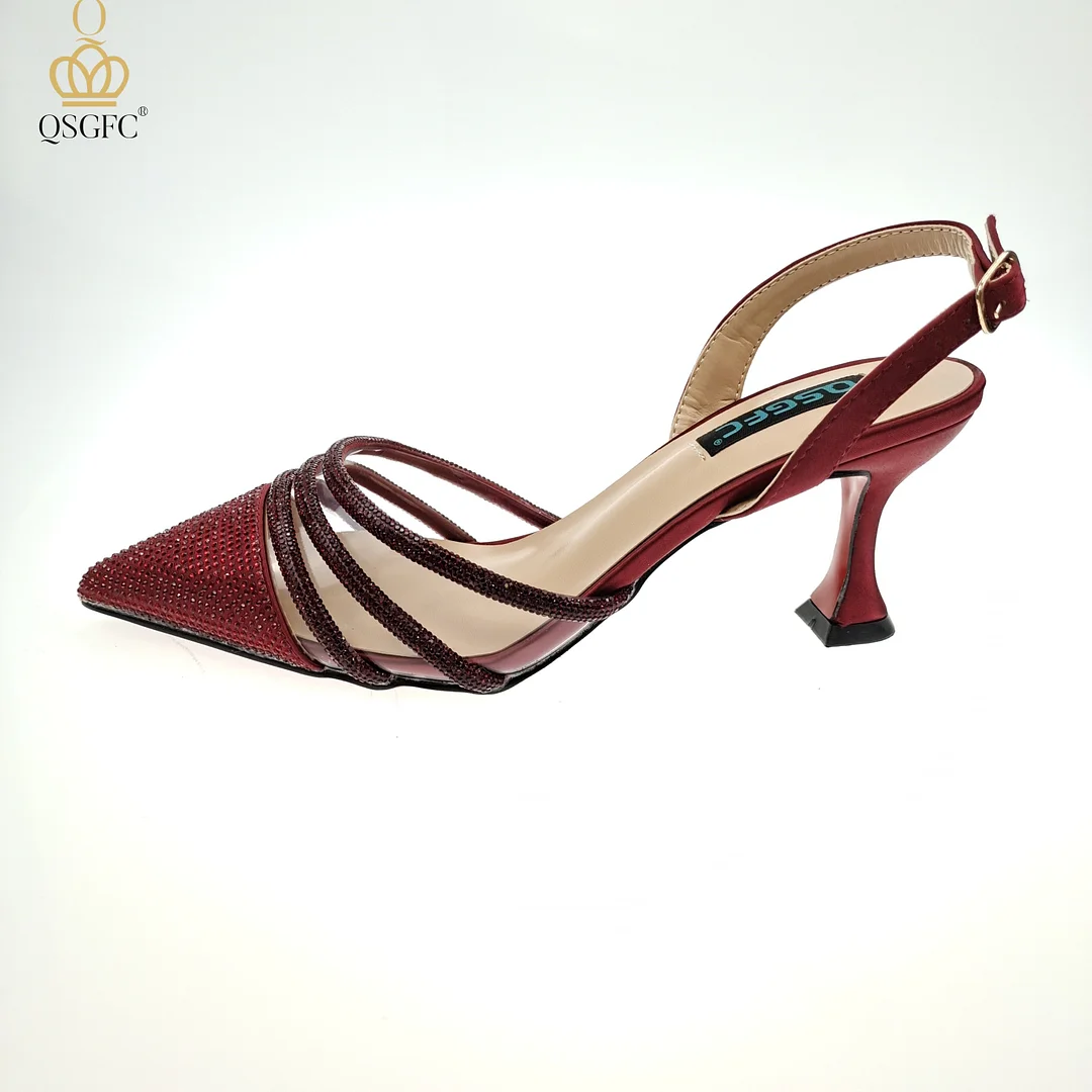 QSGFC2022 Fashion Shiny Full Diamond Decoration In Nigeria Elegant Orange Color Ladies Shoes and Bag For Party Wedding