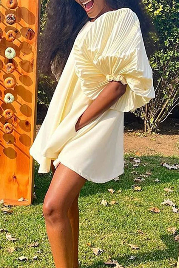 Elegant Pleated Puff Sleeve Solid Color A-Line Mini Dress
