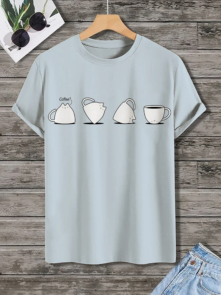 Men's Funny Cat Shaped Coffee Cup Graphic Print Cotton Casual T-Shirt