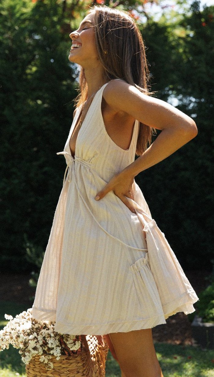 Mini Dress with Deep V-Neckline and Corset Waist - Pink main image 1