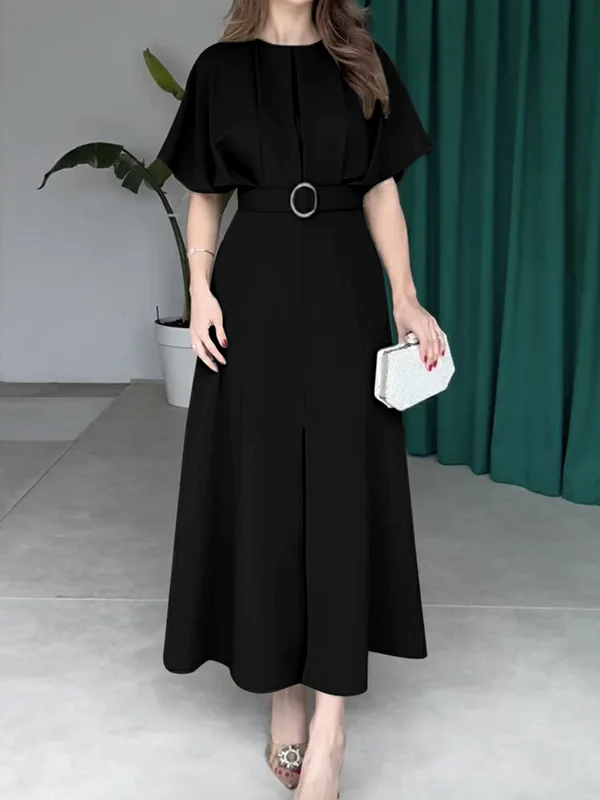 Pleated Split-front Split-Joint Tied Waist Loose Raglan Sleeve Round-neck Maxi Dresses