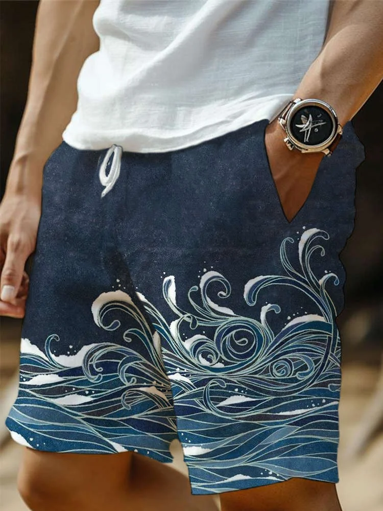 Wave Japanese Art Print Men's Linen Shorts