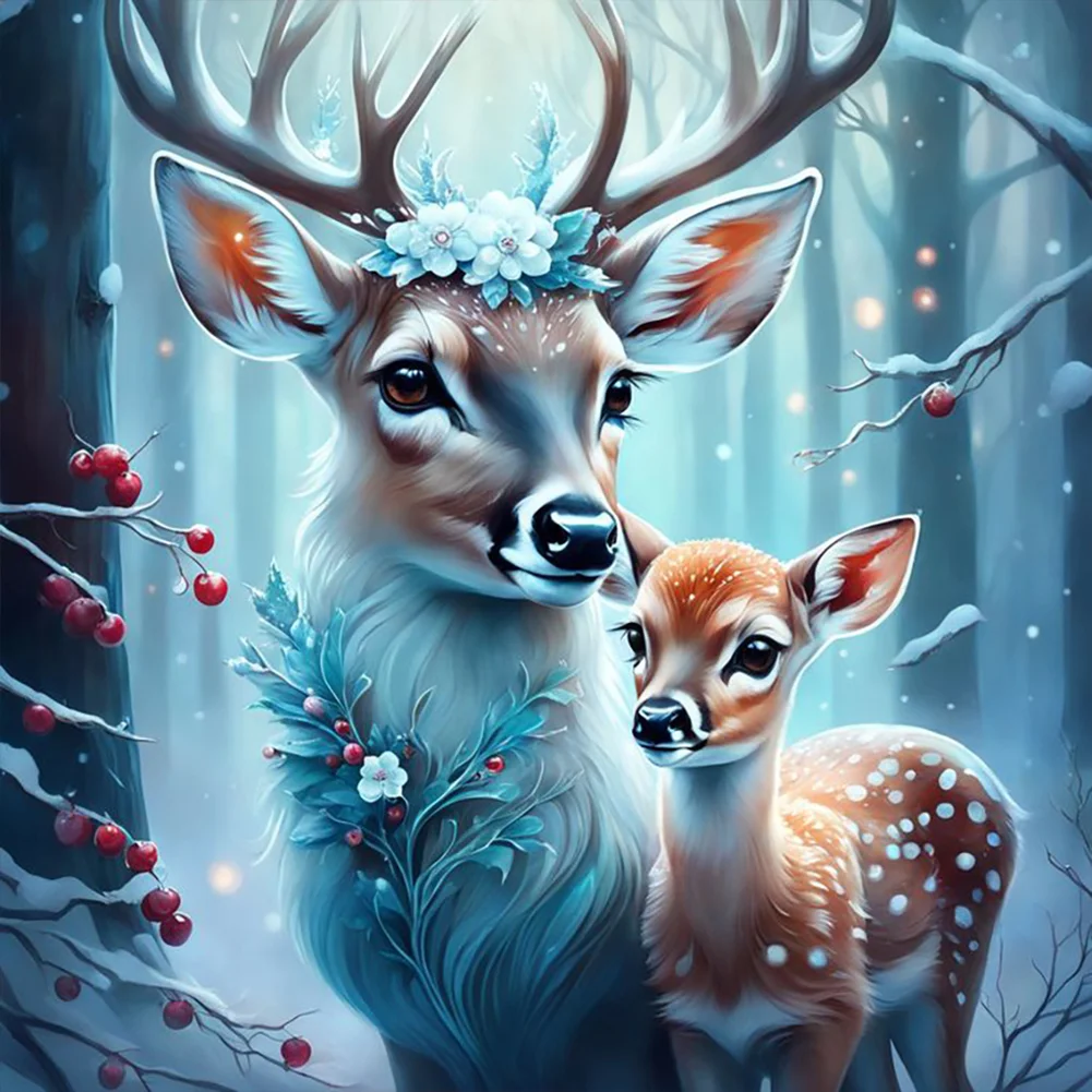 Full Round Diamond Painting - Plum Deer in the Snow(Canvas|30*30)