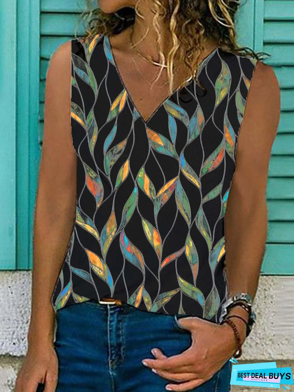 Geometric  Sleeveless  Printed  Cotton-blend  V neck  Vintage  Summer Black Top