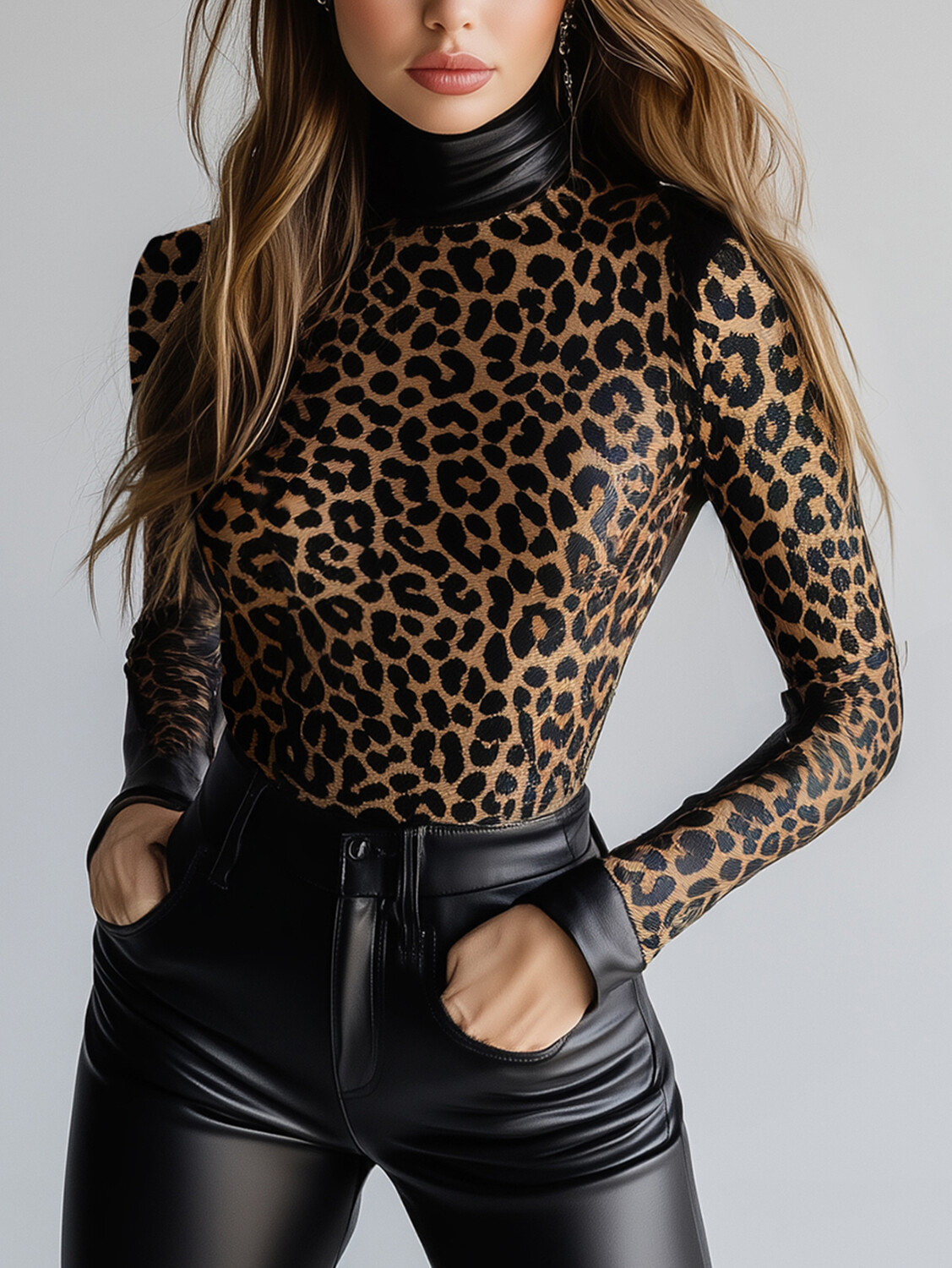 Ursime PU Leather Leopard Pattern High Neck Long Sleeve Blouse