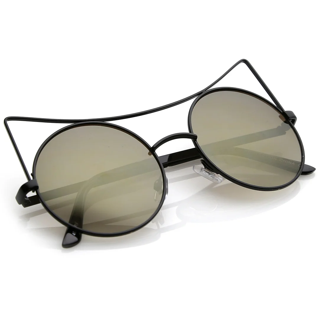 Women's Oversize Open Metal Cat Eye glasses With Colored Mirror Flat Lens 54mm