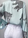 Deep V-Neck Leopard Print Long Sleeve Stylish Blouses&Shirts Tops