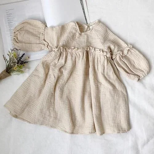 2020 Spring Toddler Baby Girl Long Sleeve Clothes Baby Girls Casual Dress Floral Collar Linen Cotton Dresses Children Clothing