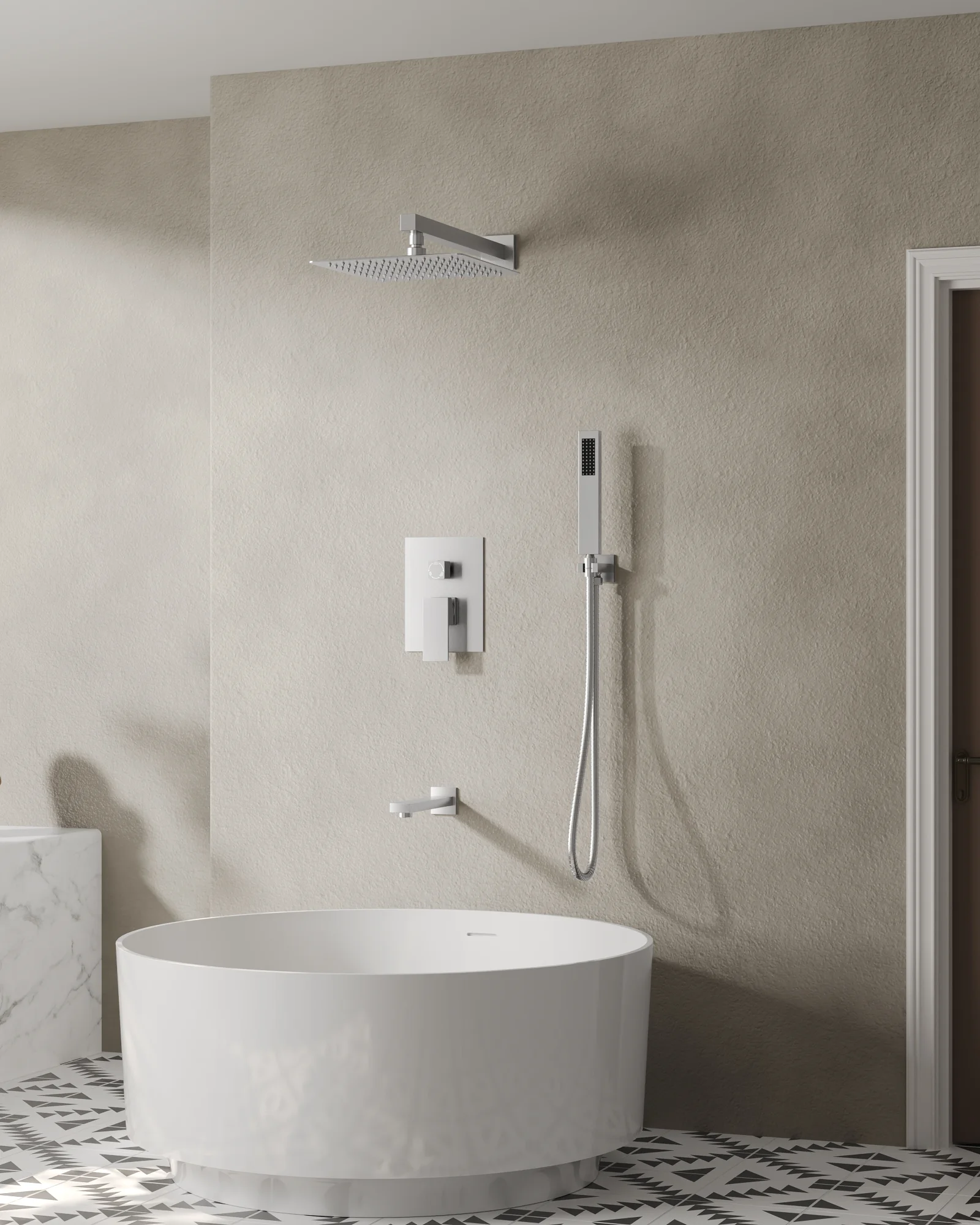 Collage of three rooms featuring the Lentz Widespread Bathroom Faucet in Matte Black, Ridgeway Kitchen Faucet in Brushed Gold, Catino Solid Surface Freestanding Tub