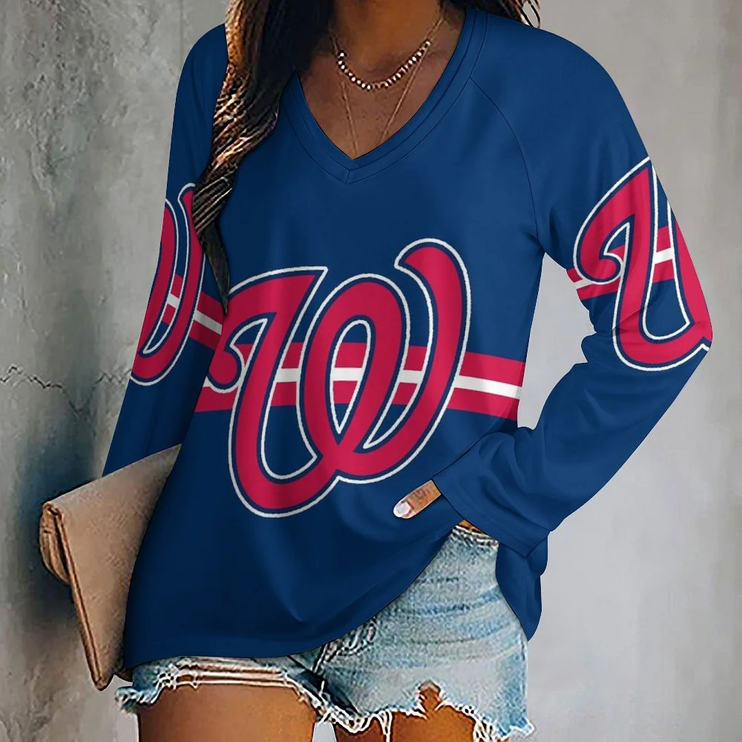 V-neck Long Sleeve Casual T-shirt for  Women and Men Printed with Pattern , Blue, Red