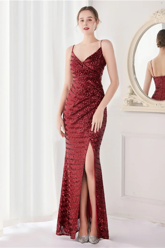 Luluslly V-Neck Spaghetti-Straps Evening Dress Sequins Mermaid With Slit YE0061