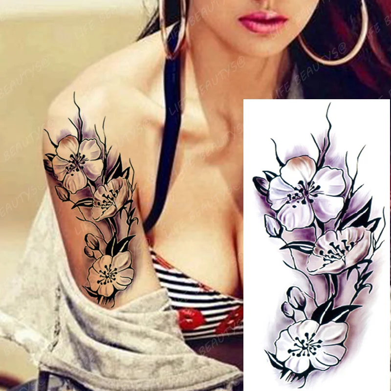 Sdrawing Transfer Pink Henna Rose Flower Temporary Tattoo Sticker Butterfly Pattern Body Art Waterproof Fake Woman's Flash Tattoo