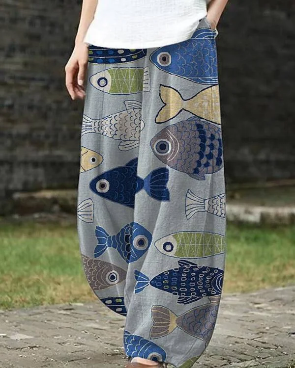 Vintage Fish Japanese Art Loose Casual Pants