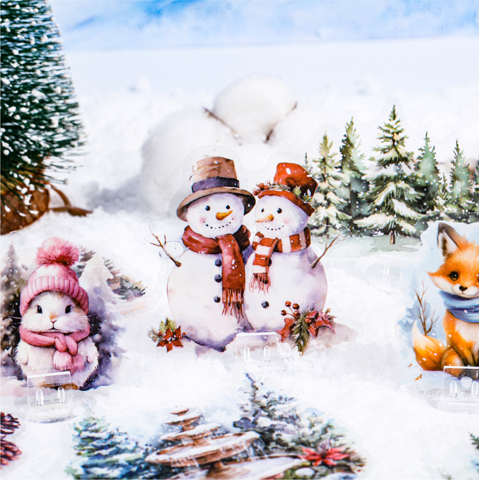 PET 스티커 - 눈과 얼음 시리즈 빈티지 나무 눈사람 조경