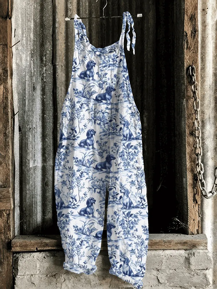 Vintage Dachshund Print Casual Jumpsuit