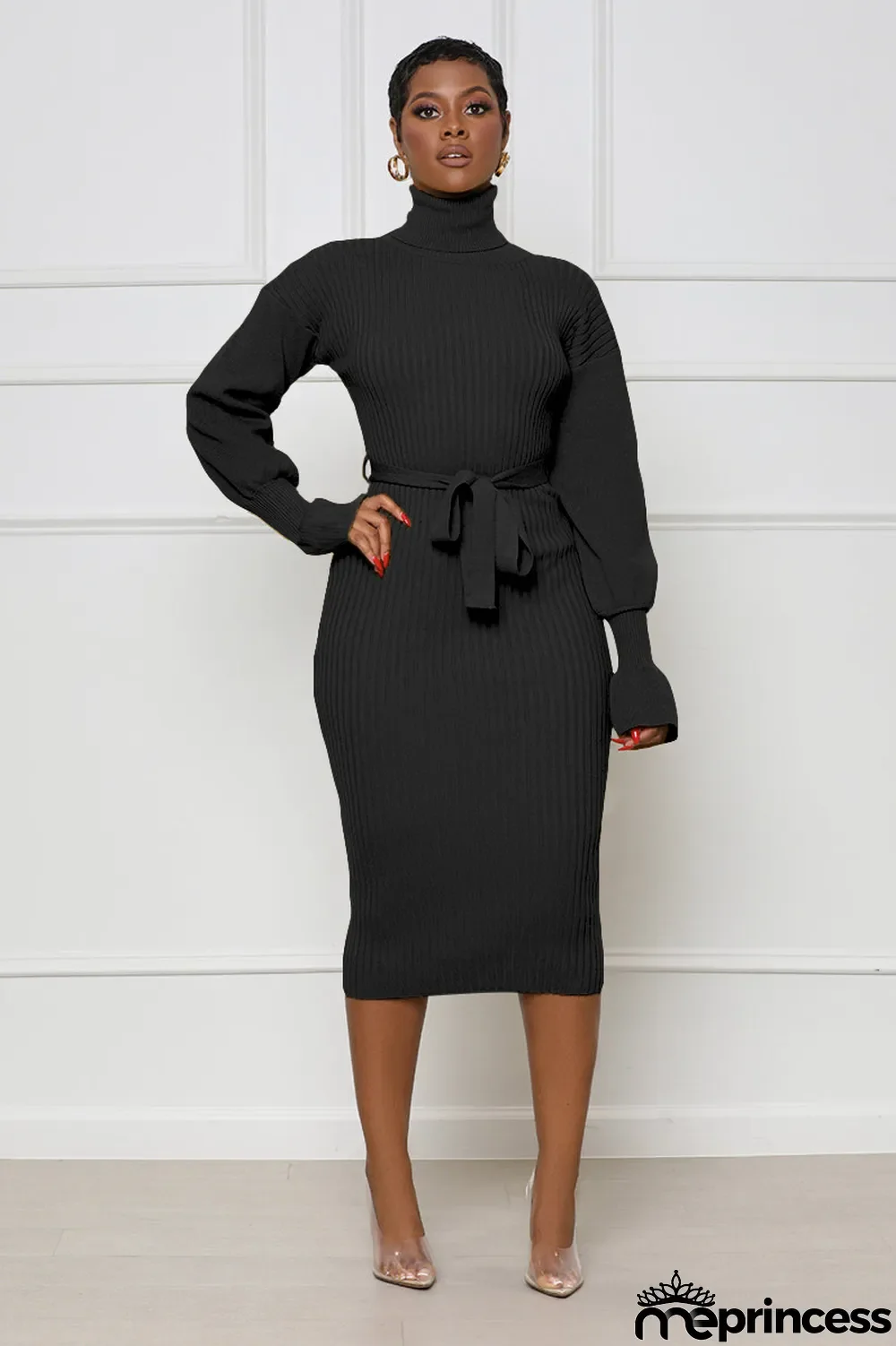 Women Solid Turtleneck Lace-Up Dress