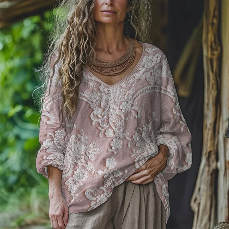 Boho Floral Embroidered Lace Flowy Linen Tunic