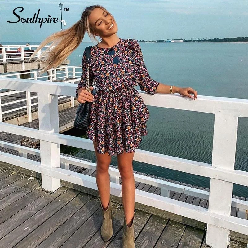 Back To College Southpire O-Neck A-Line Black Flower Print Vintage Dress Women‘s Long Sleeve Ruffle Mini Party Dress Casual Daily Clothes Female