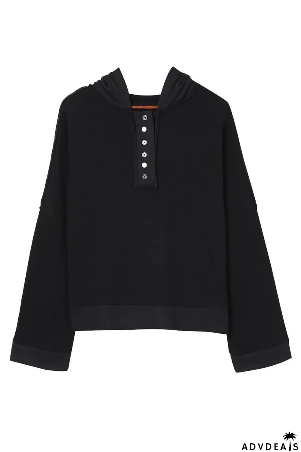 Black Casual Button Solid Patchwork Trim Hoodie