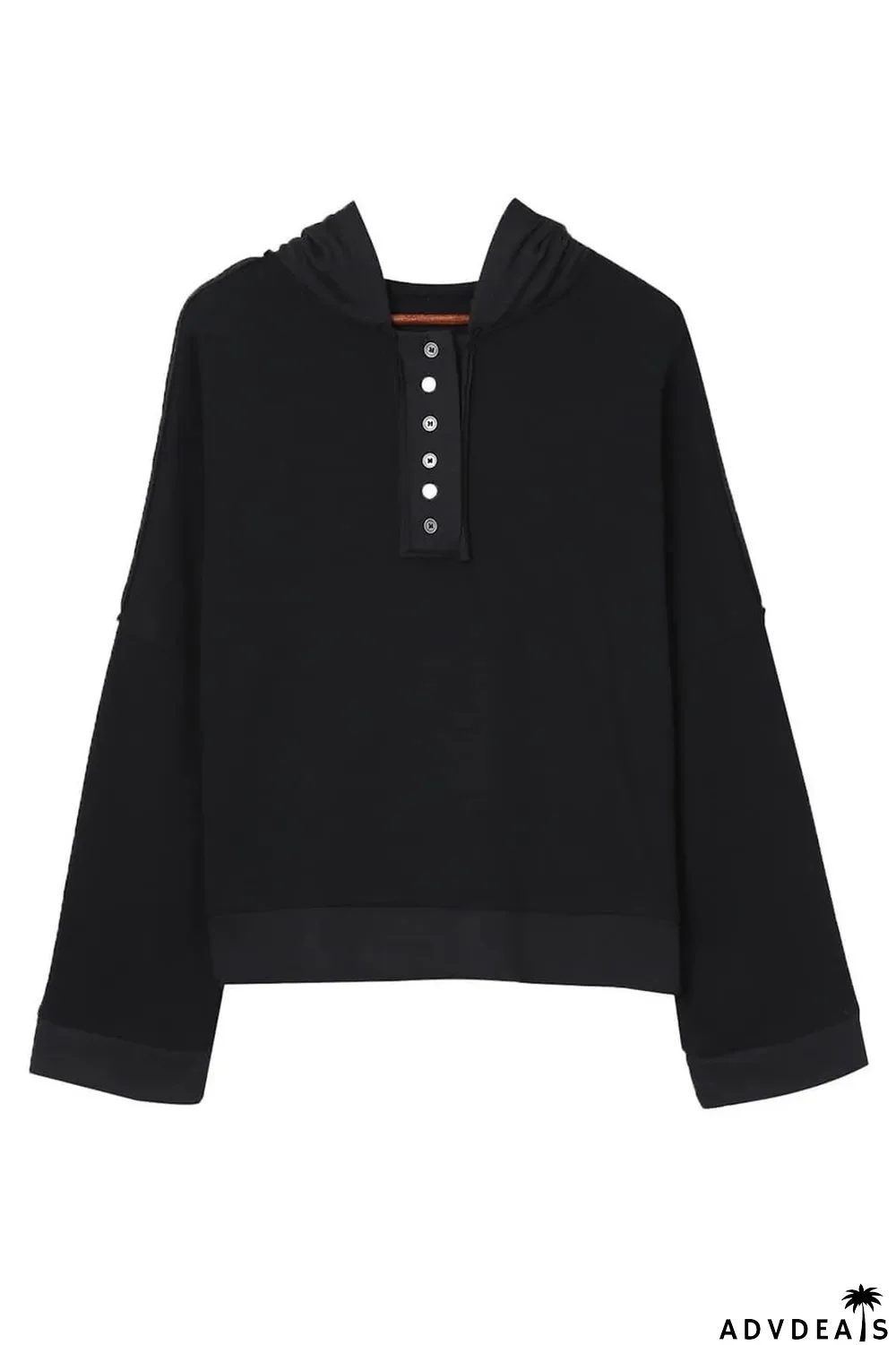 Black Casual Button Solid Patchwork Trim Hoodie