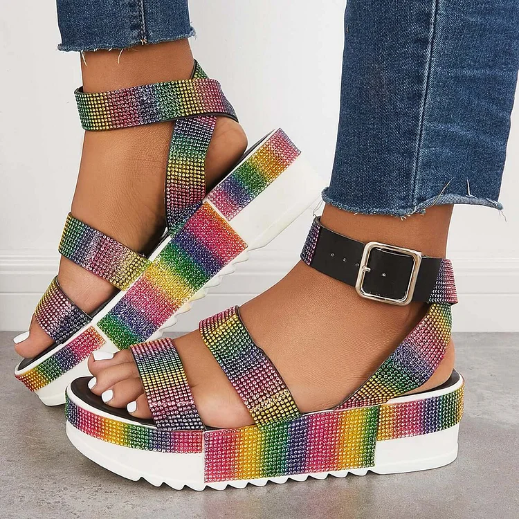 Glitter Platform Ankle Strap Sandals Thick Sole Shoes