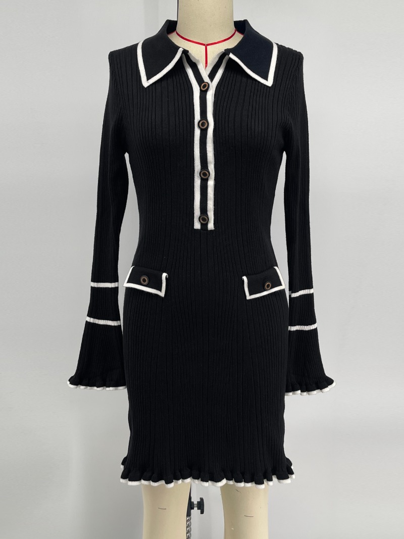 Ootddress Ruffled Fashion Knit Dress Women Autumn Ribbed Contrast Long Sleeve High Waist Lapel Gown Dress Knitwear Ladies Maxi Dress