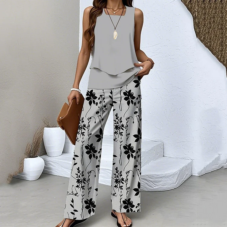 Utbros Flower Print Double Layer Tank Pants Two Piece Set