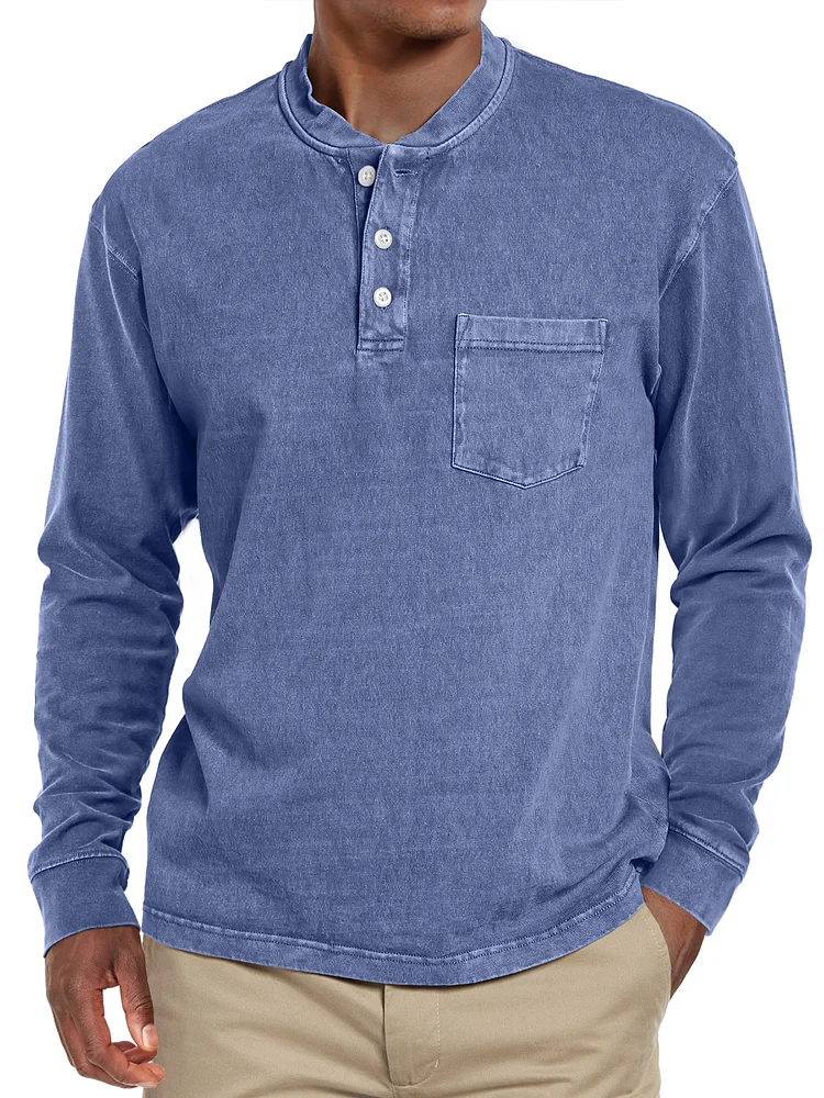 Men's Vintage Casual Button Pocket Solid Color Long Sleeve Henley Shirt