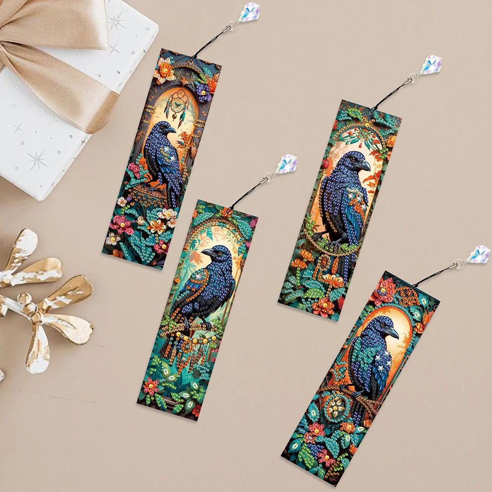 4Pcs 5D DIY Flowers Crows Special Shape Diamond Painting Bookmark for Beginners