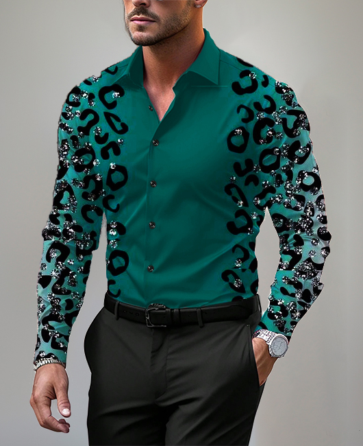 Business Glitter Leopard Print Button Long Sleeve Shirt