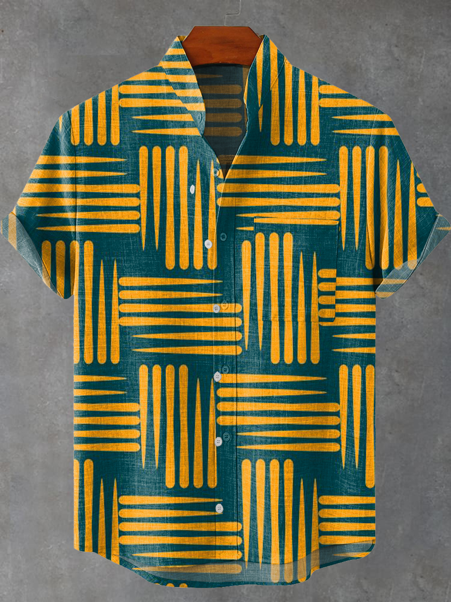 Simple Abstract Lines Vintage Print Casual 100% Cotton Shirt