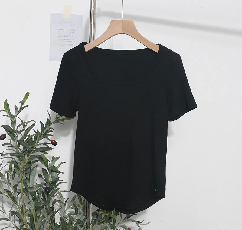 Breakj Solid Color Irregular U-Neck Short-Sleeved T-Shirt Woman Xia Slimming Leisure Short Coat 1809