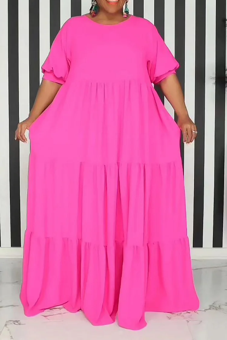Plus Size Vacation Dress Hot Pink Round Neck Short Sleeve Loose Maxi Dress 