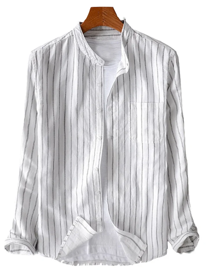 Men's Summer Shirt Beach Shirt Black White Gray Long Sleeve Striped Stand Collar Spring & Fall Street Daily Clothing Apparel Button-Down