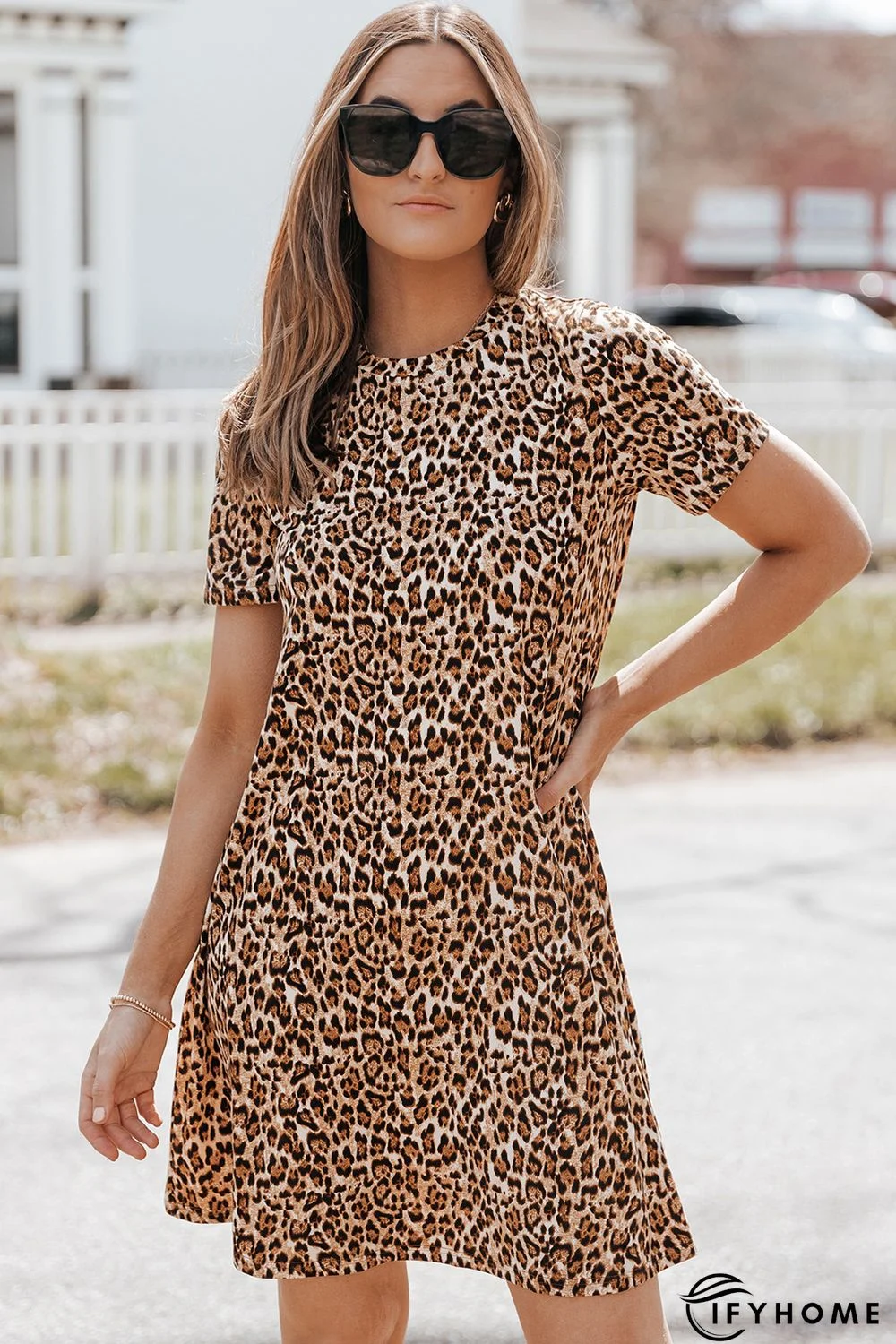 Leopard Print Short Sleeve A-line Mini Dress | IFYHOME