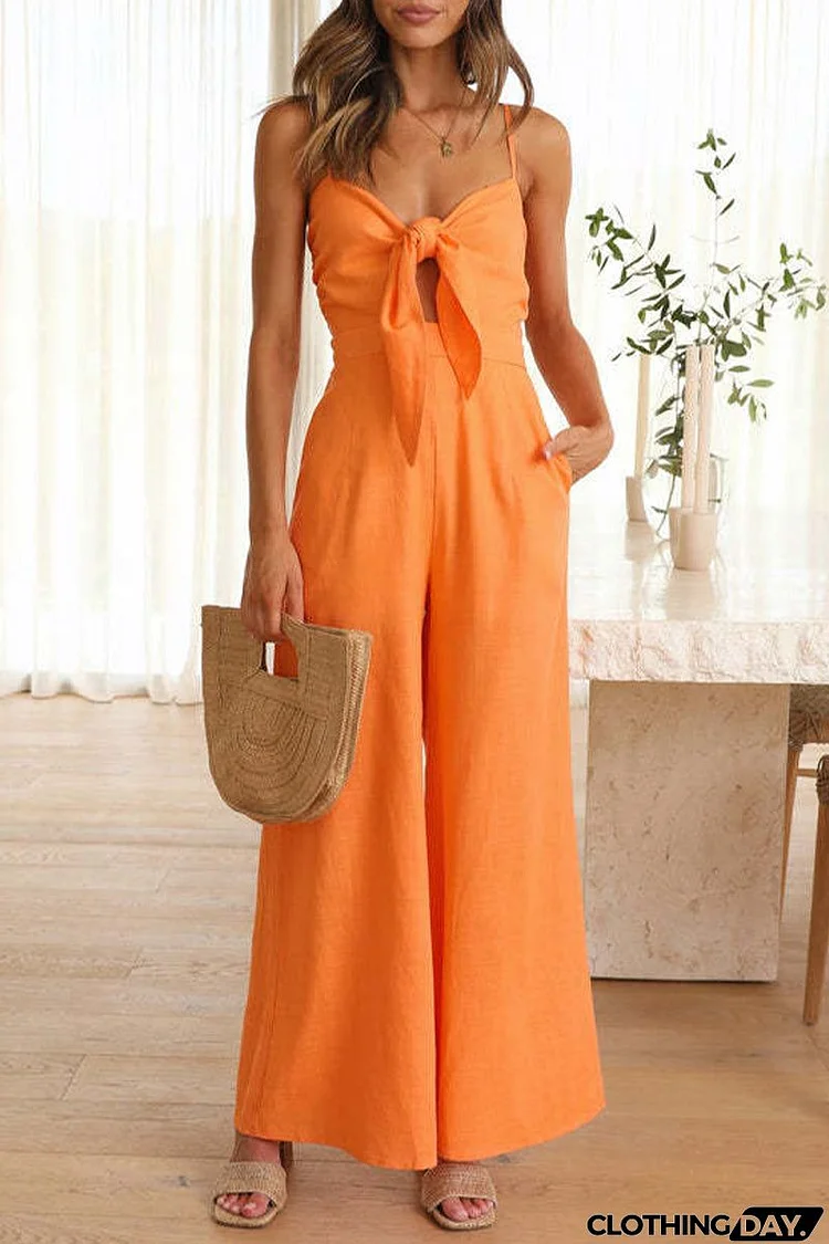 Casual Daily Solid With Bow V Neck Regular Jumpsuits