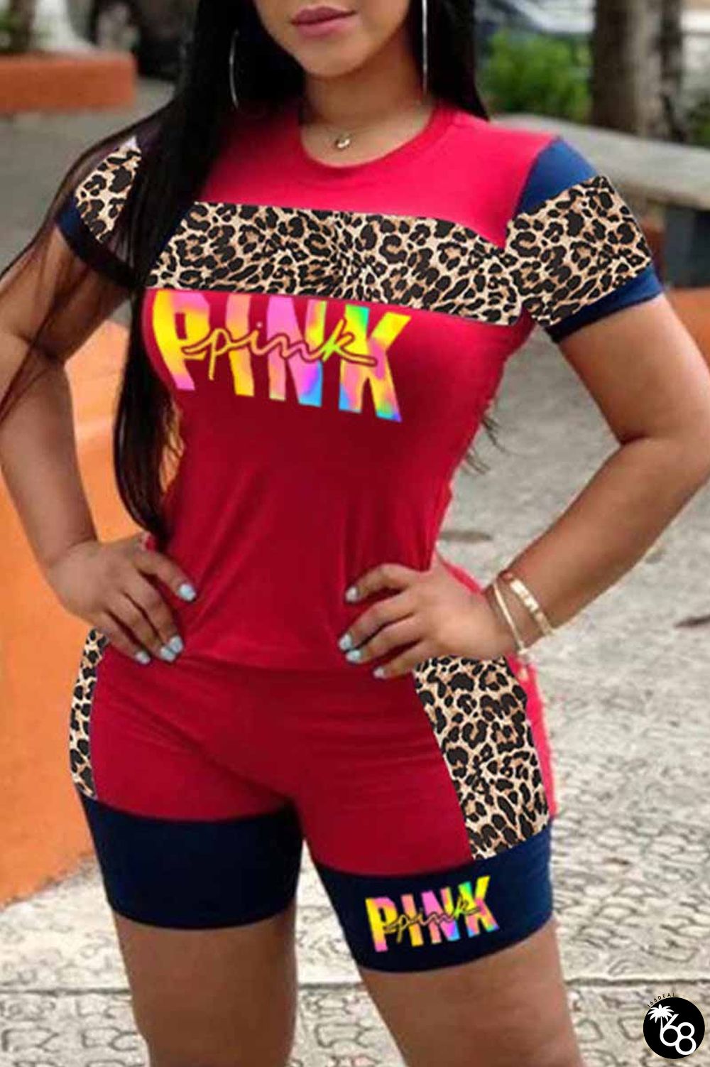 Red Casual Street Print Patchwork Letter O Neck Short Sleeve Two Pieces | 168DEAL